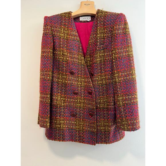 VTG Glimor Tweed Skirt Set Fuchsia Green Double Breasted & Pencil Skirt Sz 12 SG - Picture 2 of 15